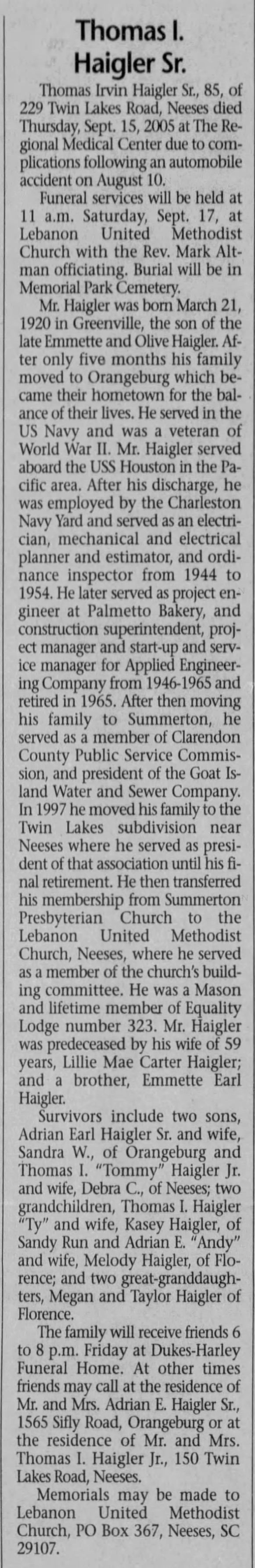 Haigler - Thomas Irvin Obituary - The Times and Democrat - 16 Sep 2005, Page 4